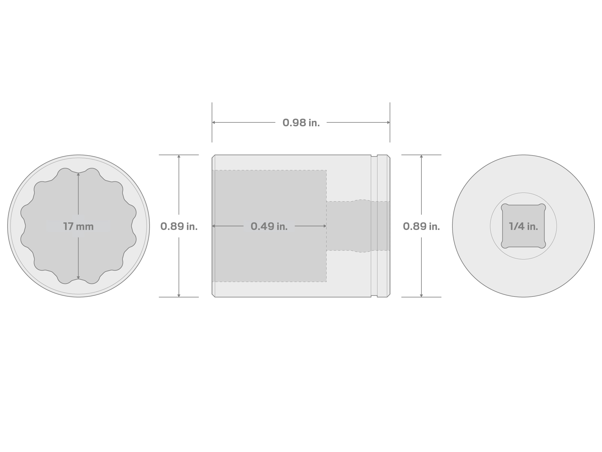Specs for 1/4 Inch Drive x 17 mm Shallow 12-Point Socket