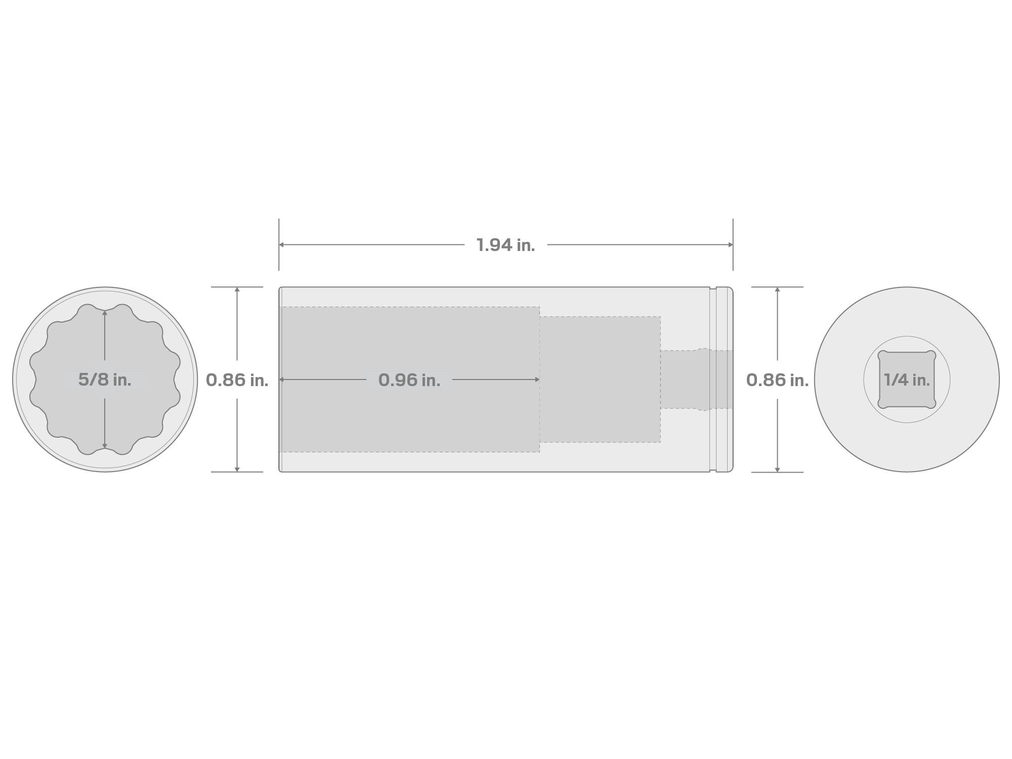 Specs for 1/4 Inch Drive x 5/8 Inch Deep 12-Point Socket