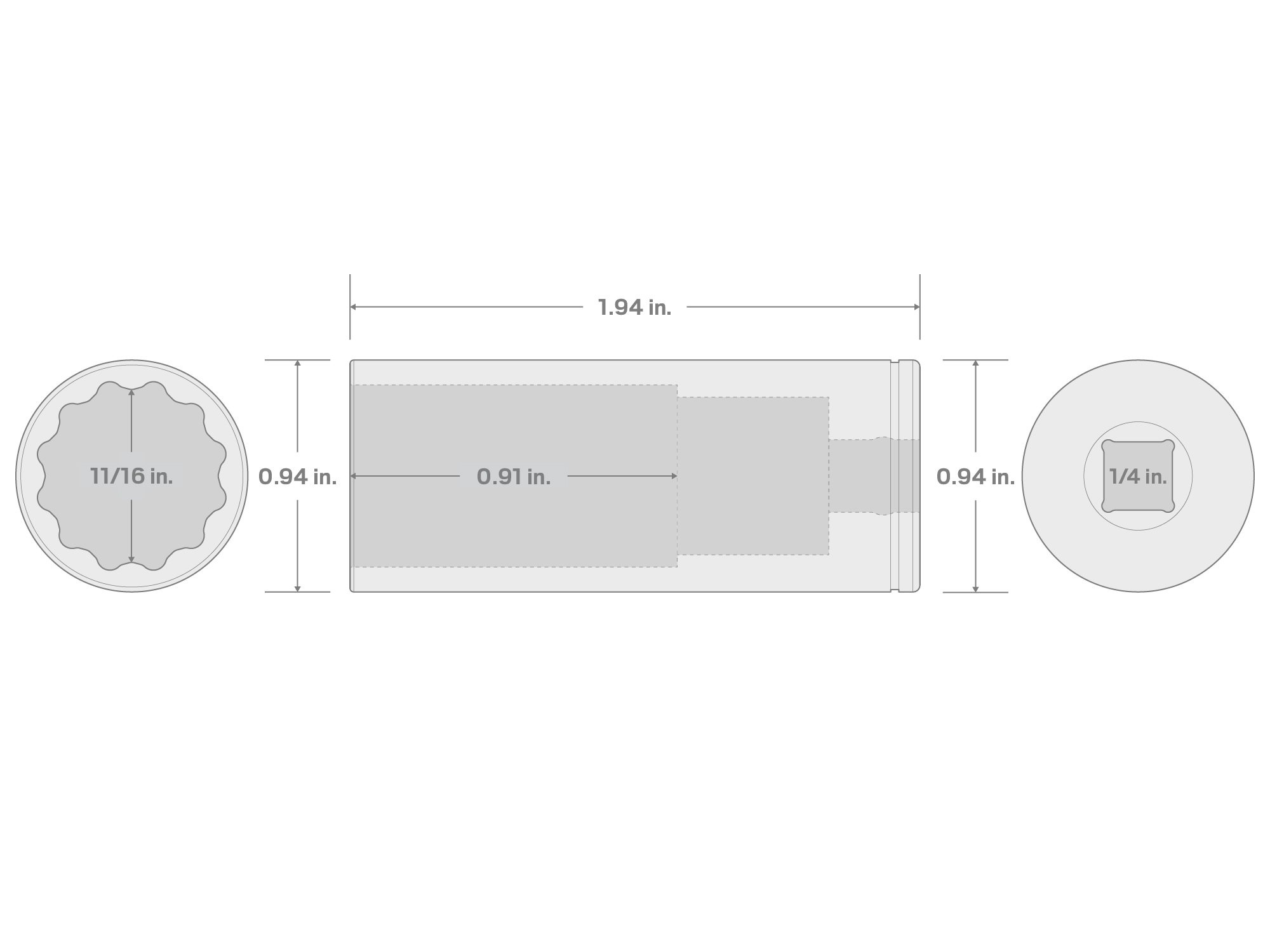 Specs for 1/4 Inch Drive x 11/16 Inch Deep 12-Point Socket
