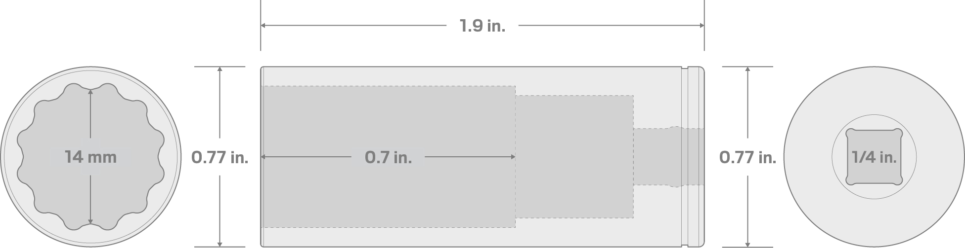 Specs for 1/4 Inch Drive x 14 mm Deep 12-Point Socket