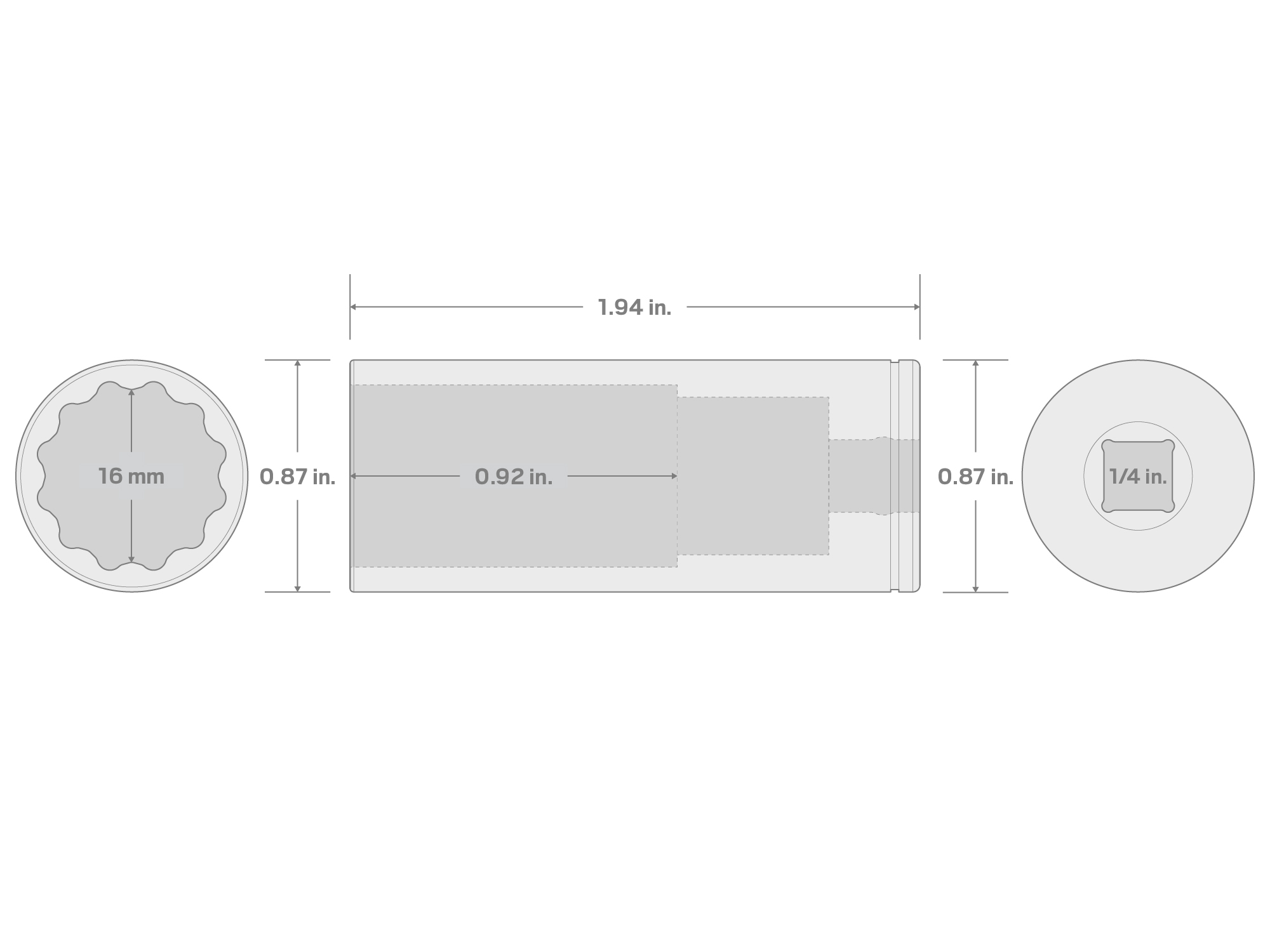 Specs for 1/4 Inch Drive x 16 mm Deep 12-Point Socket