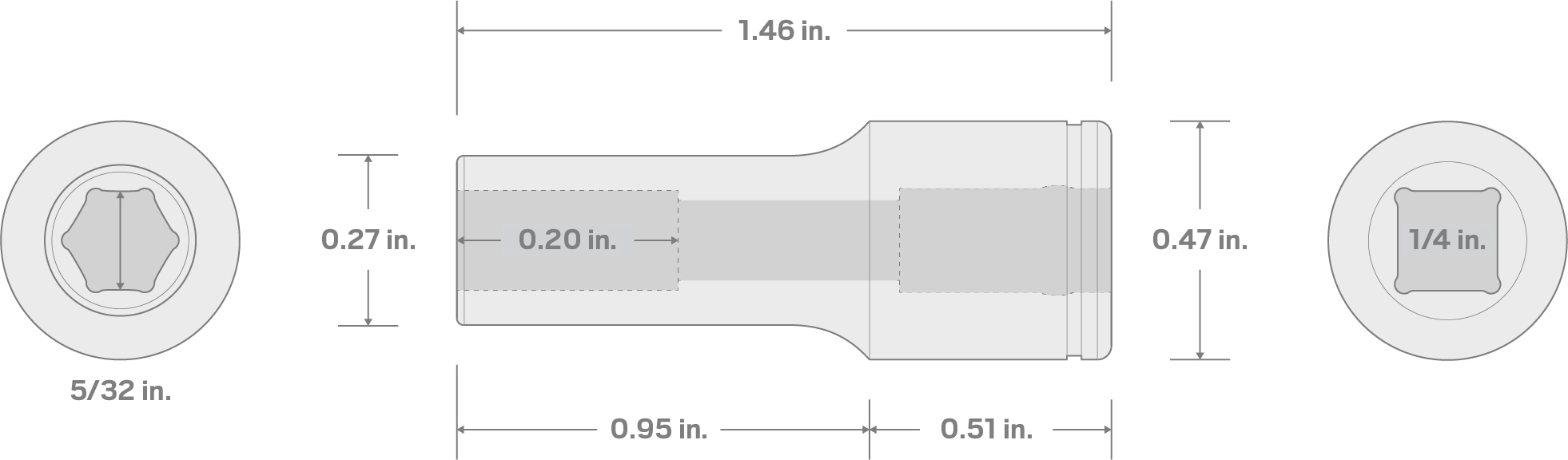 Specs for 1/4 Inch Drive x 5/32 Inch Semi-Deep 6-Point Socket