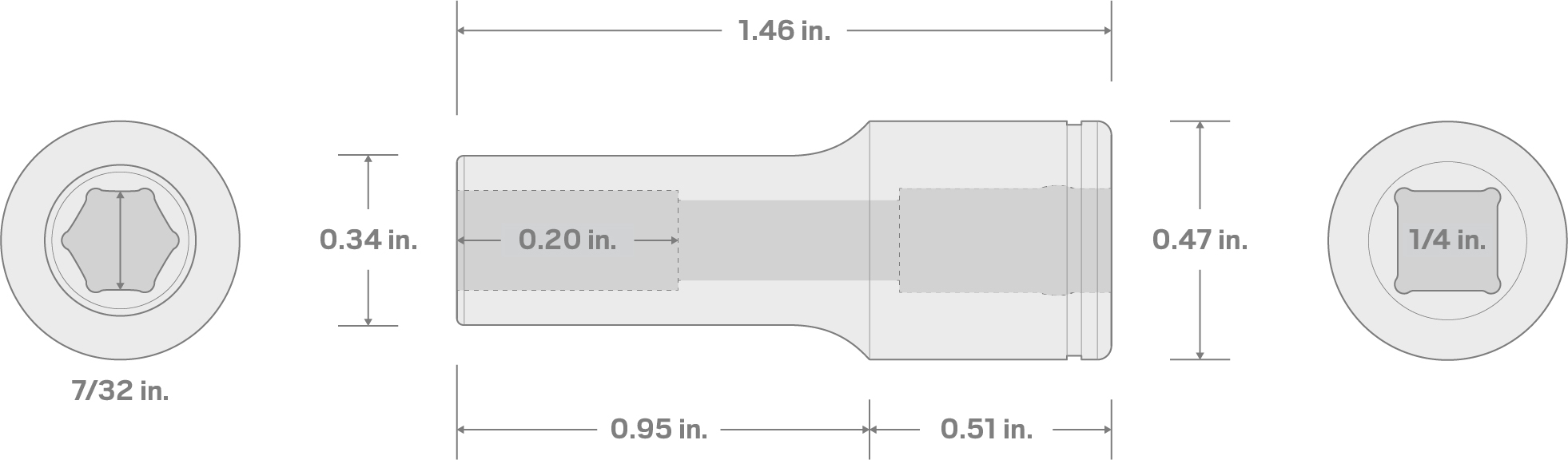 Specs for 1/4 Inch Drive x 7/32 Inch Semi-Deep 6-Point Socket