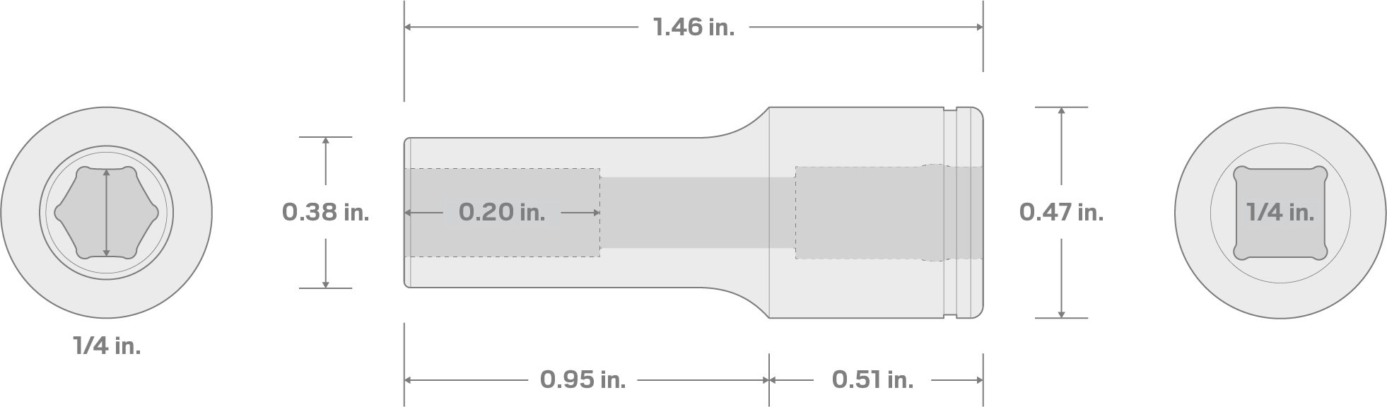 Specs for 1/4 Inch Drive x 1/4 Inch Semi-Deep 6-Point Socket