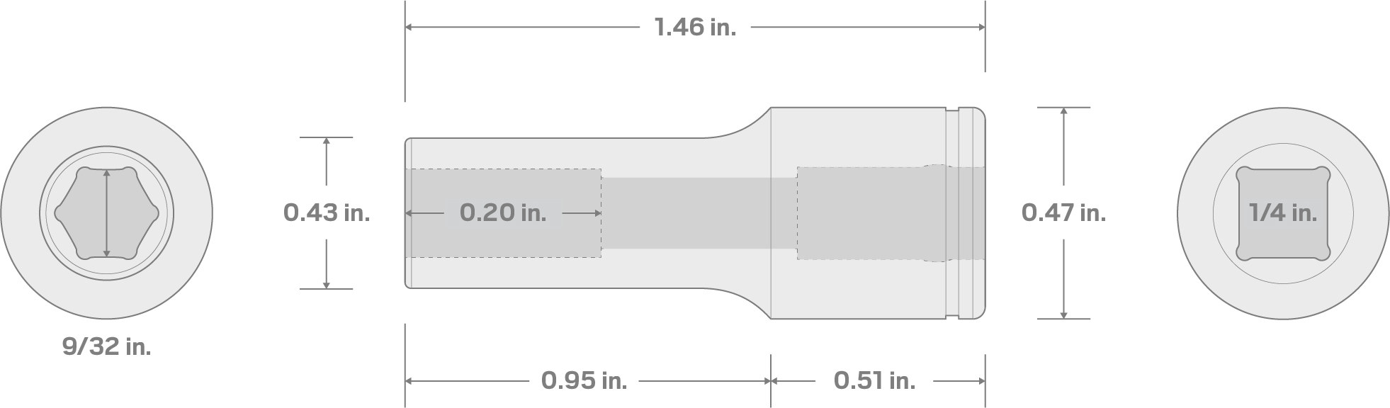Specs for 1/4 Inch Drive x 9/32 Inch Semi-Deep 6-Point Socket