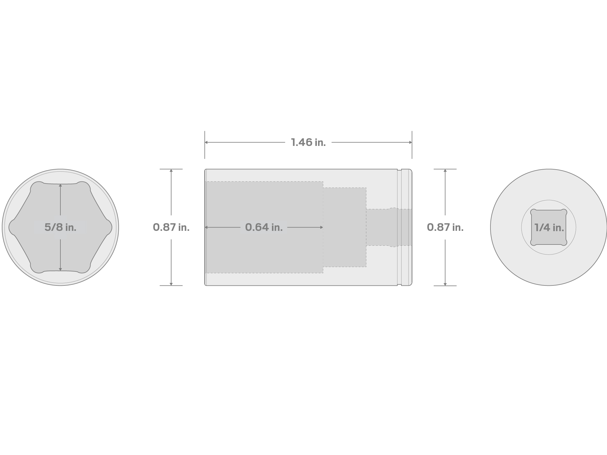 Specs for 1/4 Inch Drive x 5/8 Inch Semi-Deep 6-Point Socket