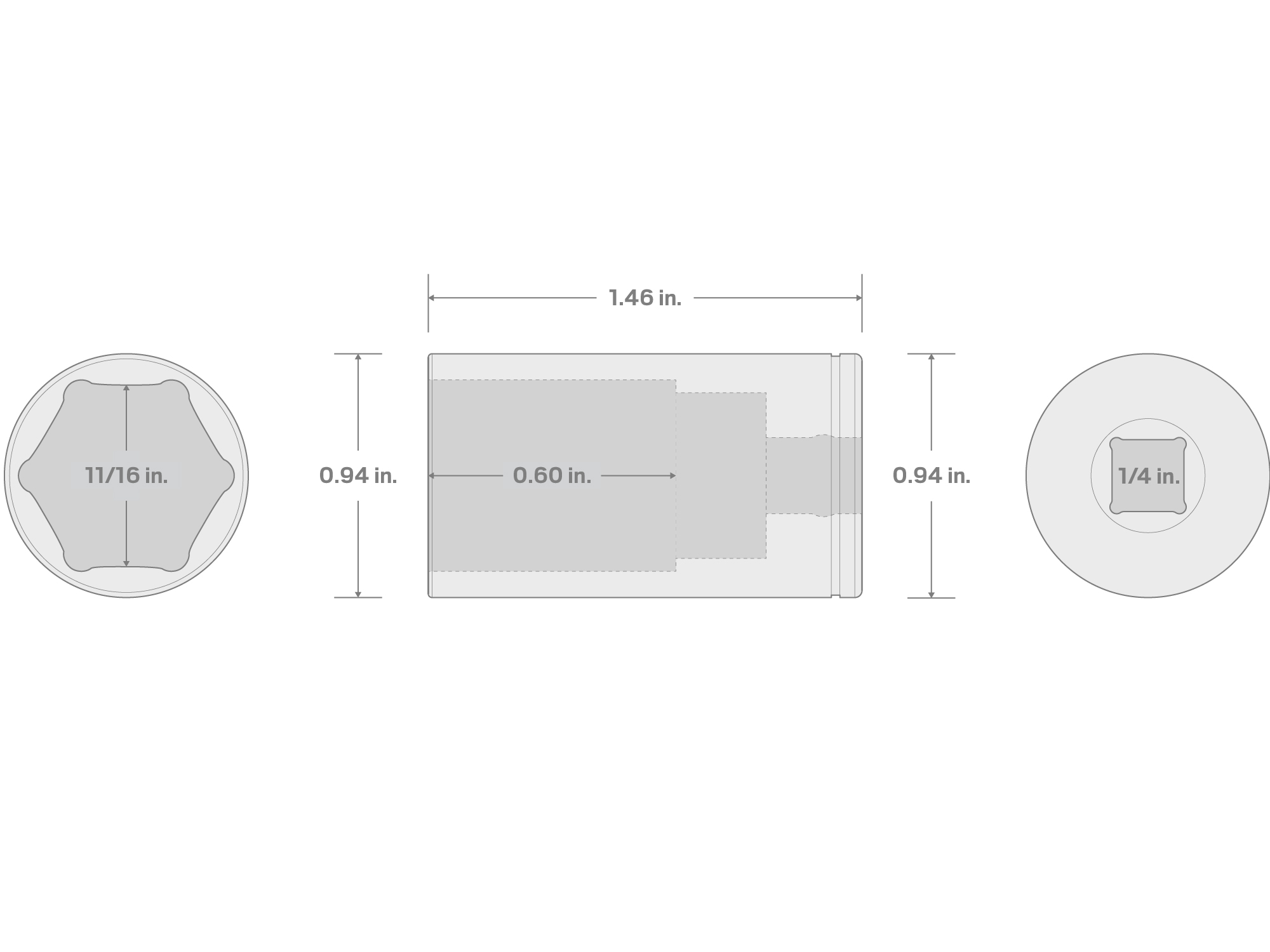 Specs for 1/4 Inch Drive x 11/16 Inch Semi-Deep 6-Point Socket