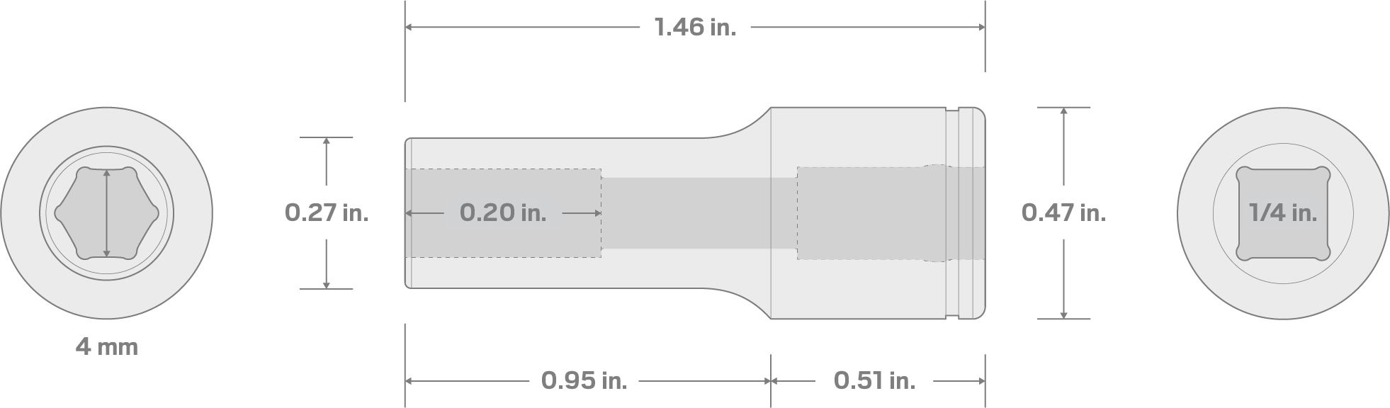 Specs for 1/4 Inch Drive x 4 mm Semi-Deep 6-Point Socket