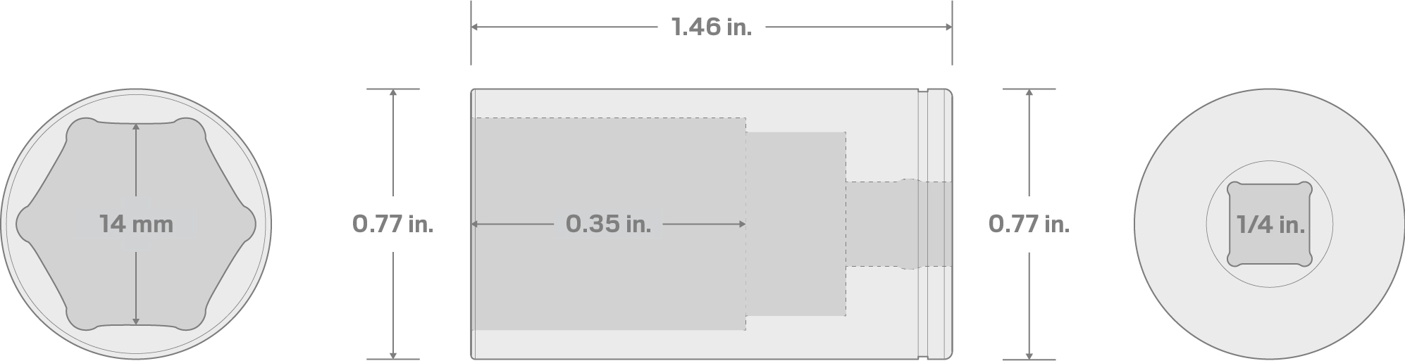 Specs for 1/4 Inch Drive x 14 mm Semi-Deep 6-Point Socket