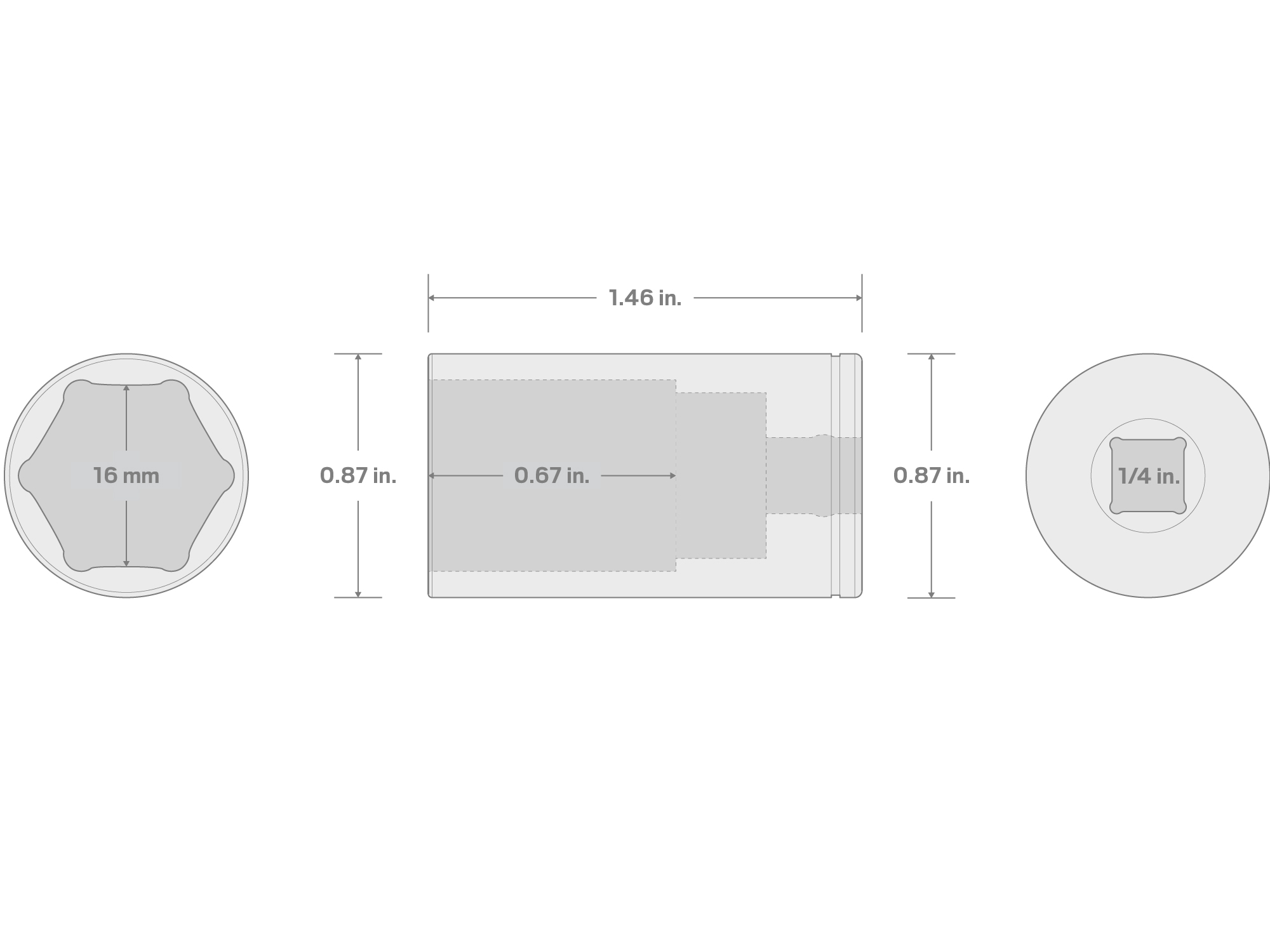 Specs for 1/4 Inch Drive x 16 mm Semi-Deep 6-Point Socket