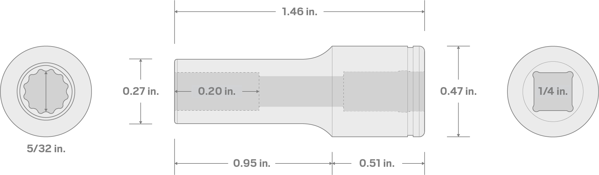 Specs for 1/4 Inch Drive x 5/32 Inch Semi-Deep 12-Point Socket