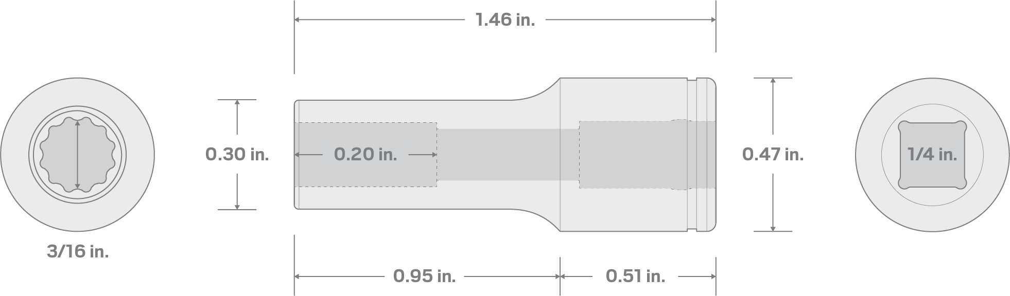 Specs for 1/4 Inch Drive x 3/16 Inch Semi-Deep 12-Point Socket