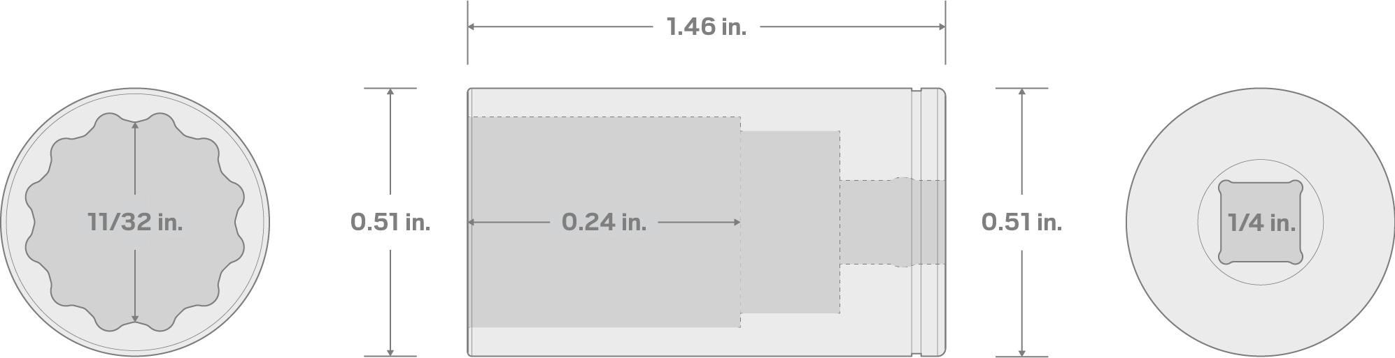 Specs for 1/4 Inch Drive x 11/32 Inch Semi-Deep 12-Point Socket