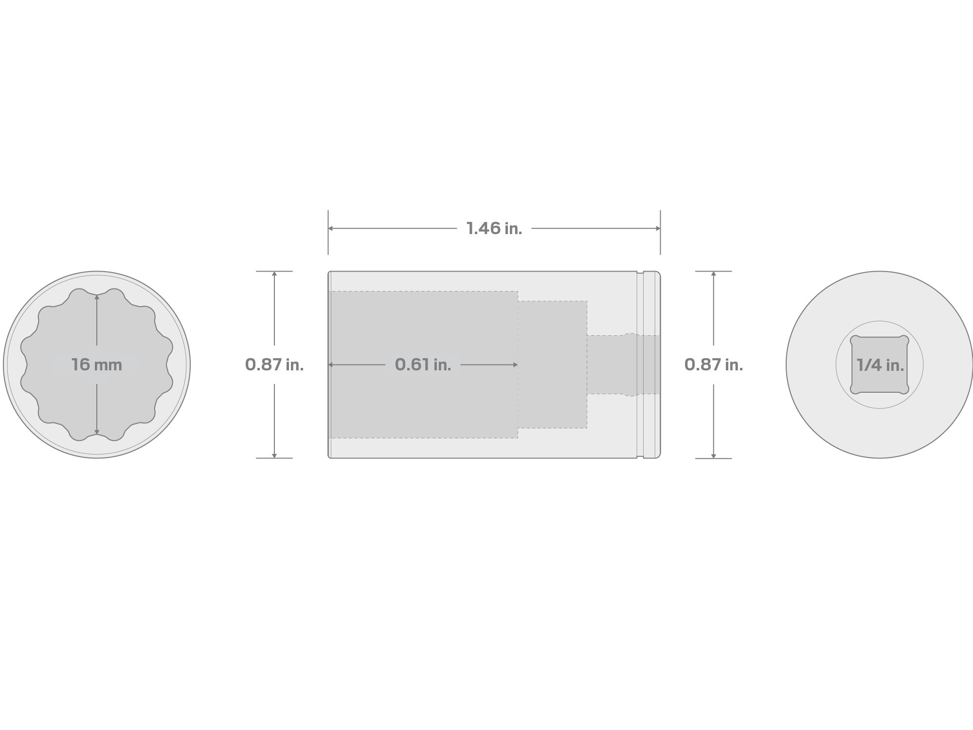 Specs for 1/4 Inch Drive x 16 mm Semi-Deep 12-Point Socket