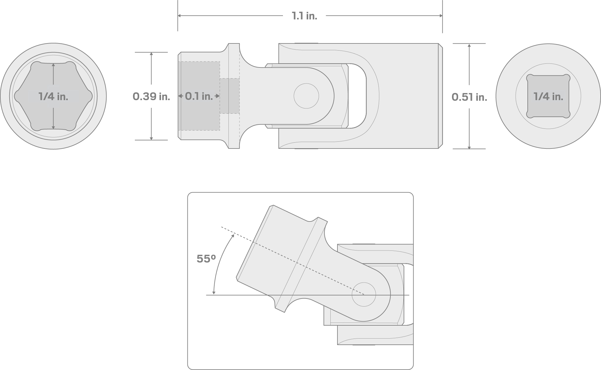 Specs for 1/4 Inch Drive x 1/4 Inch 6-Point Universal Joint Socket