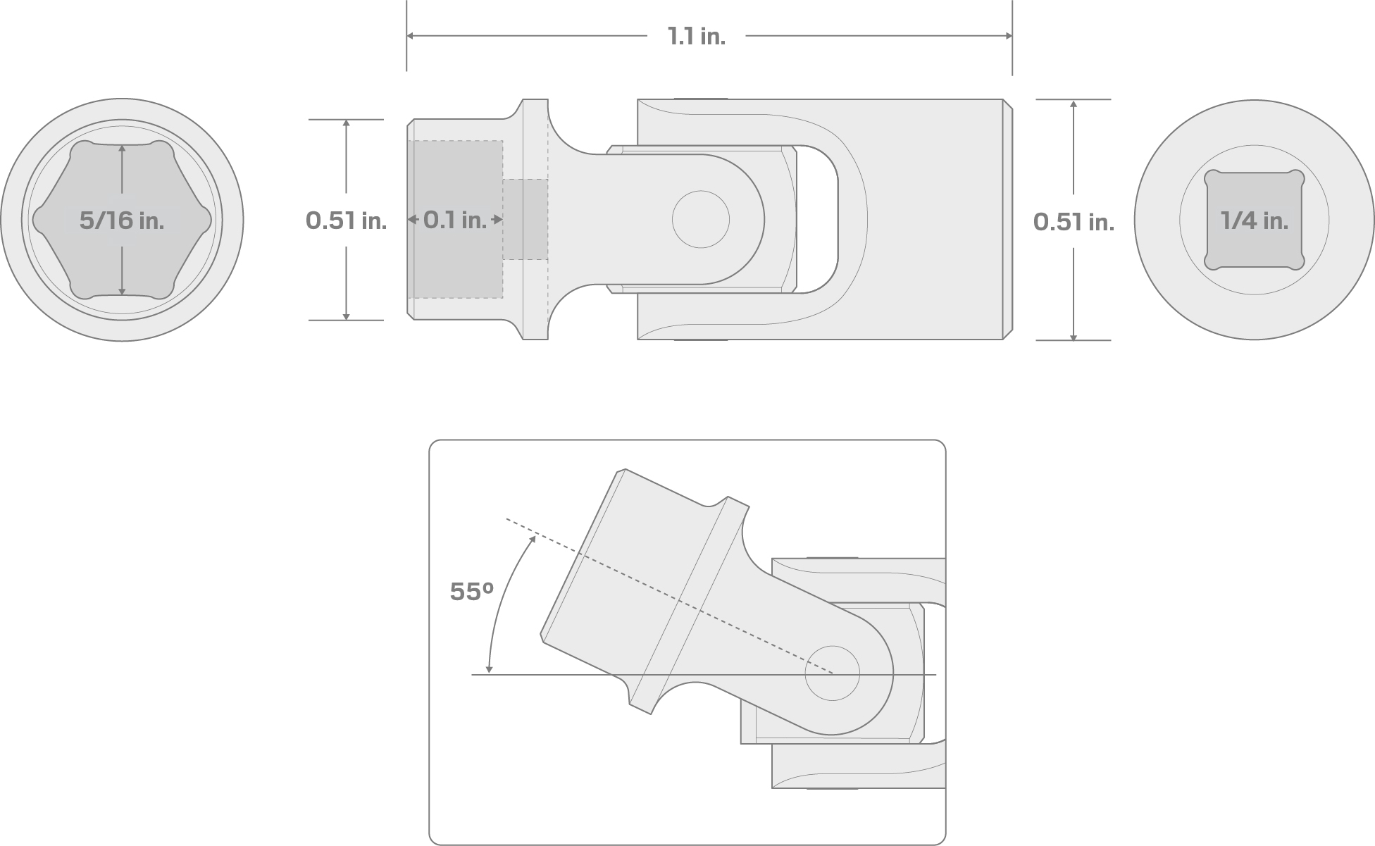 Specs for 1/4 Inch Drive x 5/16 Inch 6-Point Universal Joint Socket