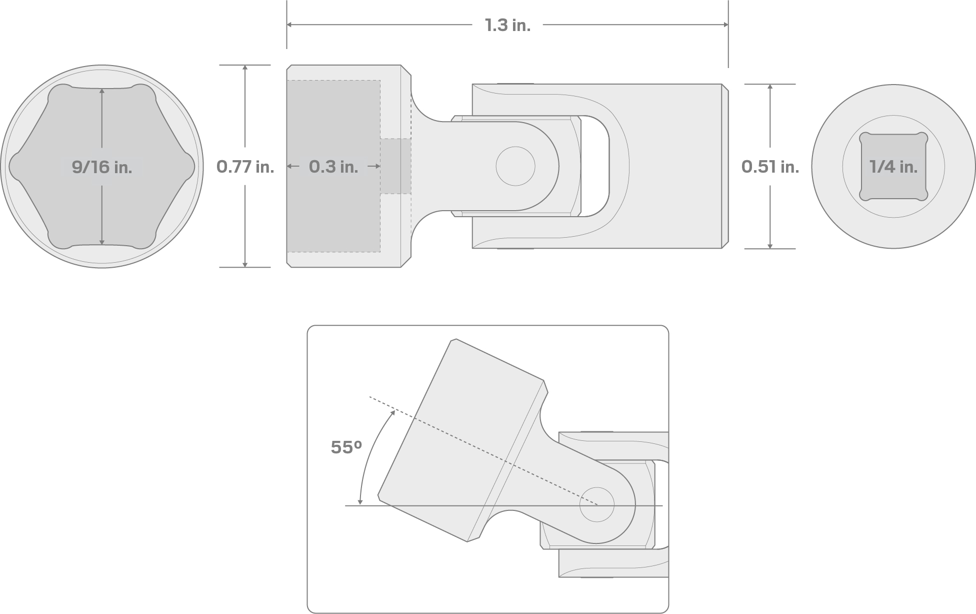 Specs for 1/4 Inch Drive x 9/16 Inch 6-Point Universal Joint Socket