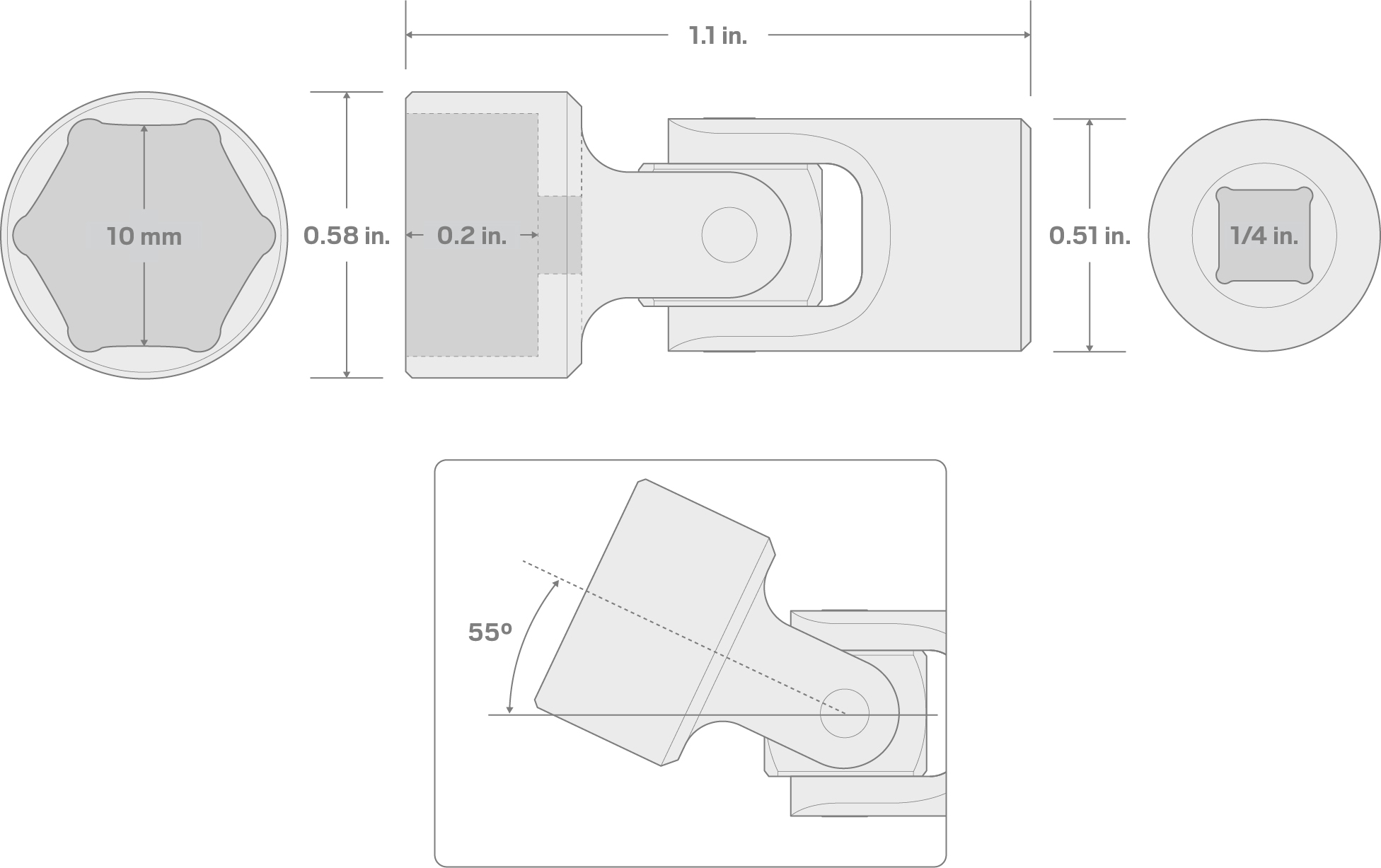 Specs for 1/4 Inch Drive x 10 mm 6-Point Universal Joint Socket