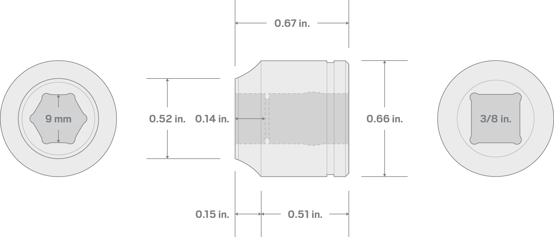 Specs for 3/8 Inch Drive x 9 mm Extra-Shallow 6-Point Socket