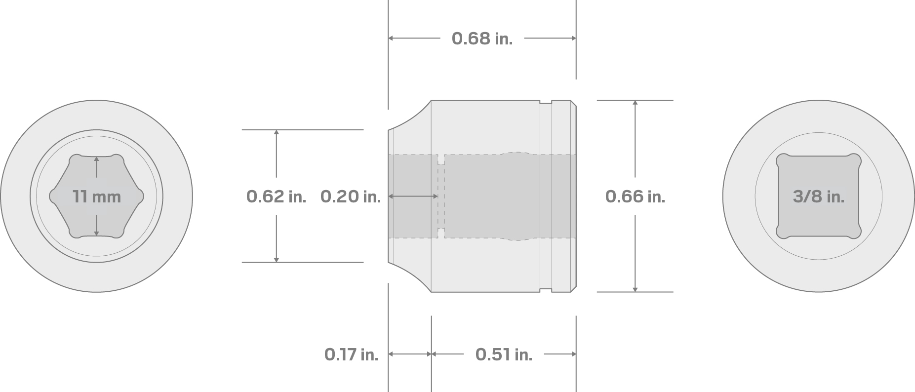 Specs for 3/8 Inch Drive x 11 mm Extra-Shallow 6-Point Socket