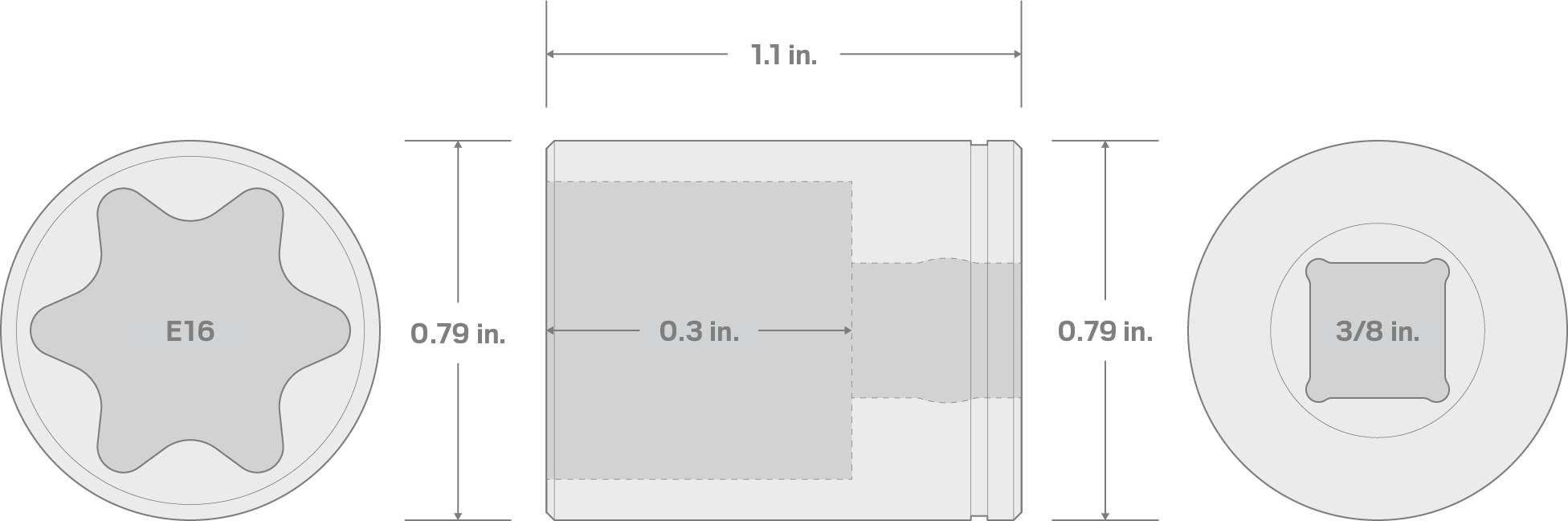 Specs for 3/8 Inch Drive x E16 External Star Socket