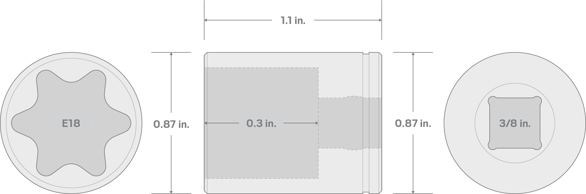 Specs for 3/8 Inch Drive x E18 External Star Socket