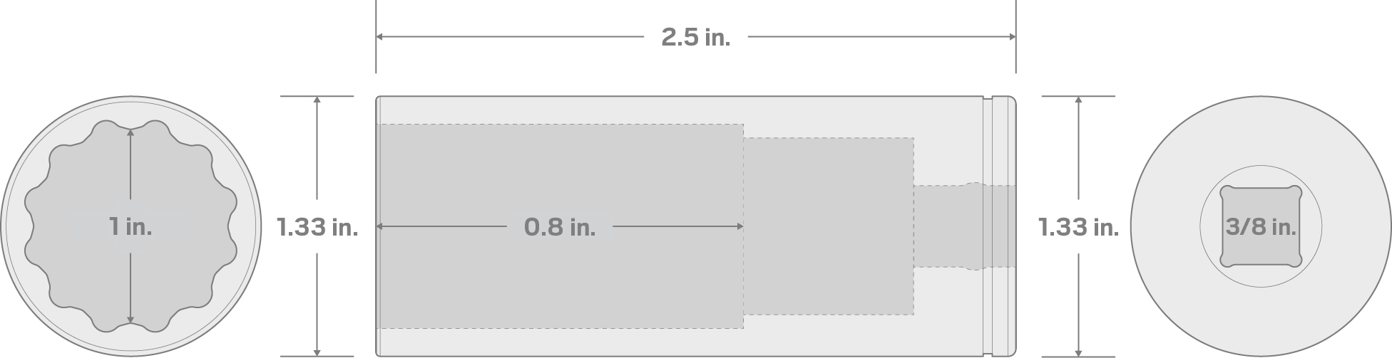 Specs for 3/8 Inch Drive x 1 Inch Deep 12-Point Socket