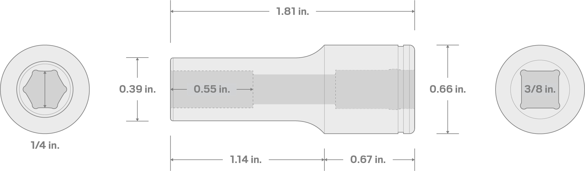 Specs for 3/8 Inch Drive x 1/4 Inch Semi-Deep 6-Point Socket