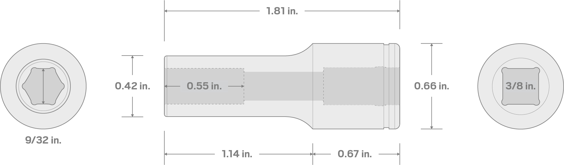 Specs for 3/8 Inch Drive x 9/32 Inch Semi-Deep 6-Point Socket