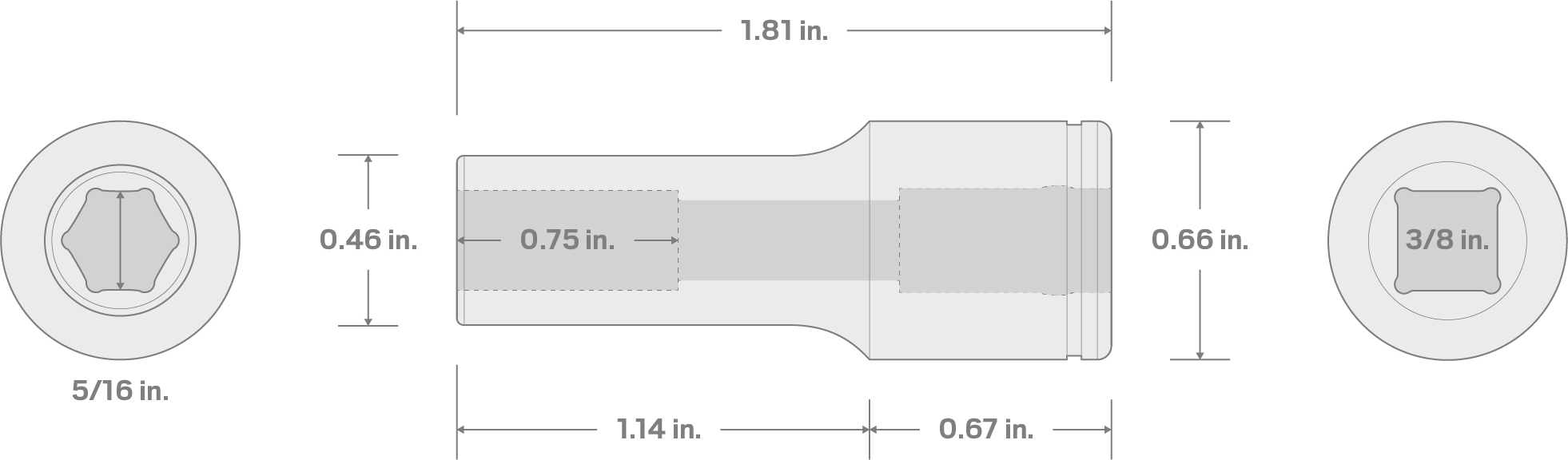 Specs for 3/8 Inch Drive x 5/16 Inch Semi-Deep 6-Point Socket