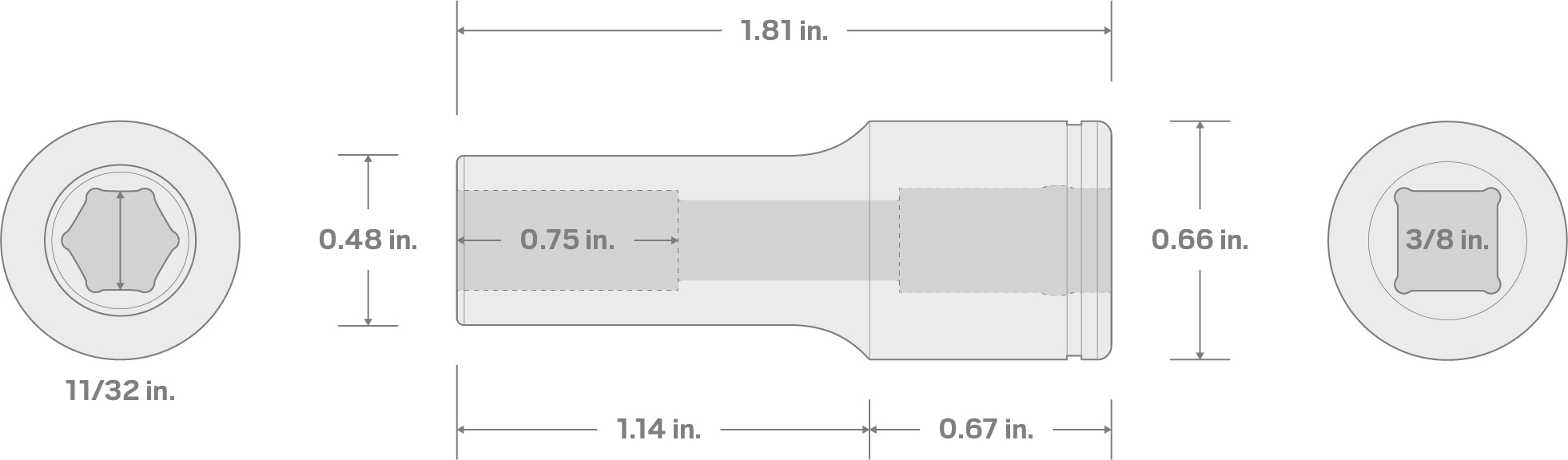 Specs for 3/8 Inch Drive x 11/32 Inch Semi-Deep 6-Point Socket