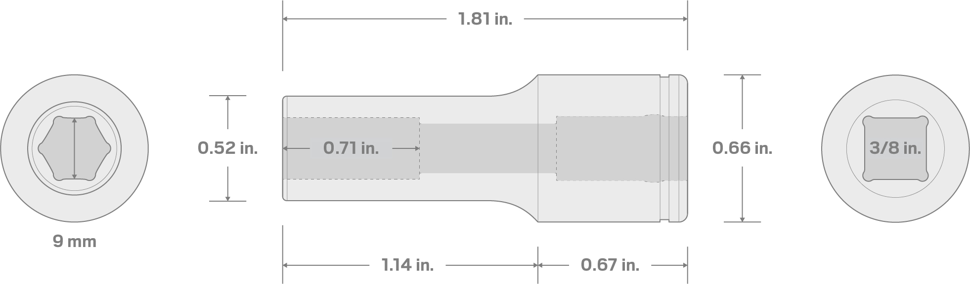 Specs for 3/8 Inch Drive x 9 mm Semi-Deep 6-Point Socket
