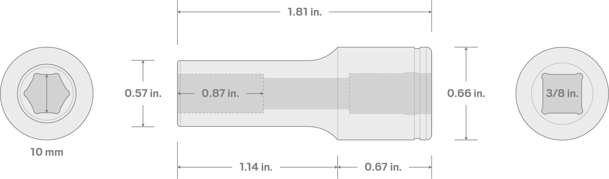 Specs for 3/8 Inch Drive x 10 mm Semi-Deep 6-Point Socket
