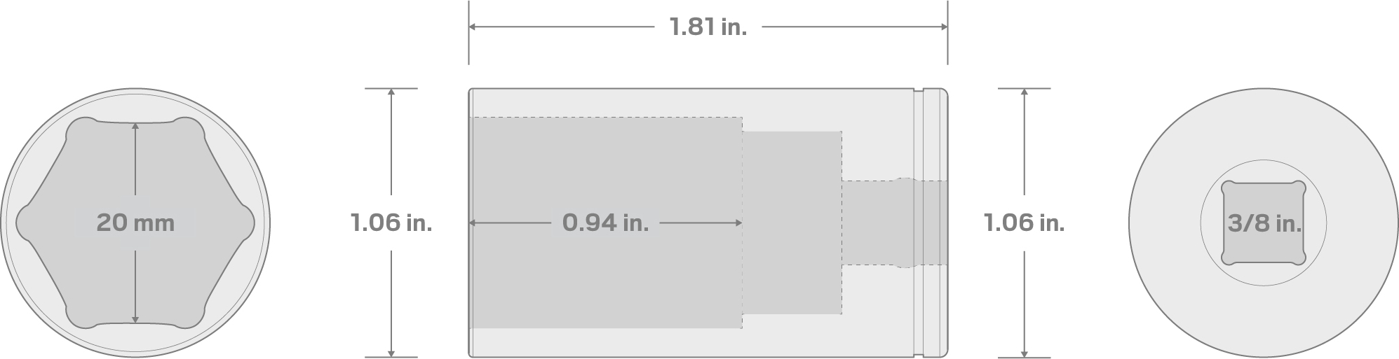 Specs for 3/8 Inch Drive x 20 mm Semi-Deep 6-Point Socket