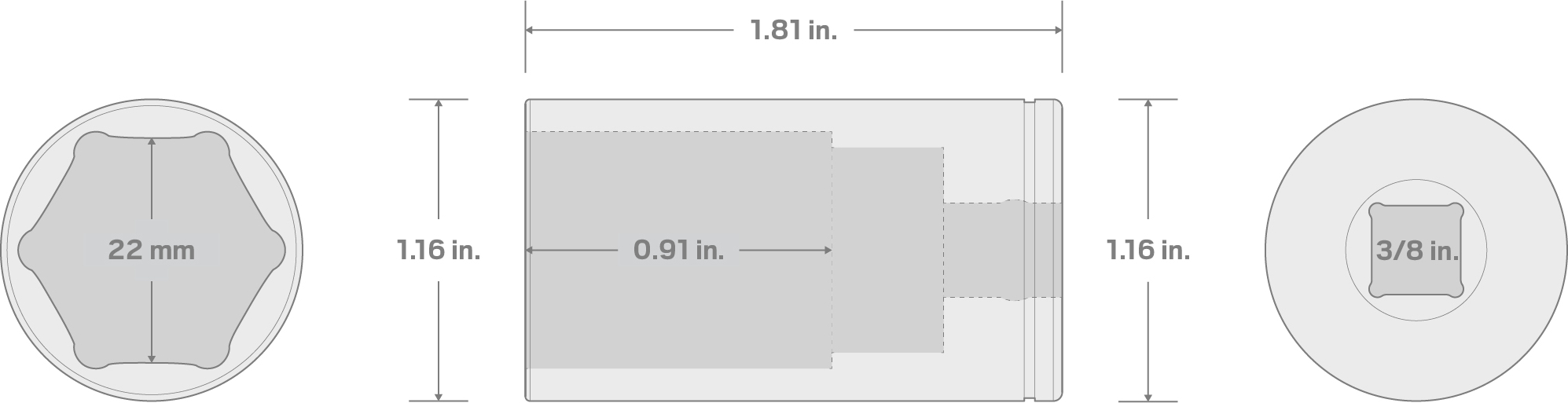 Specs for 3/8 Inch Drive x 22 mm Semi-Deep 6-Point Socket
