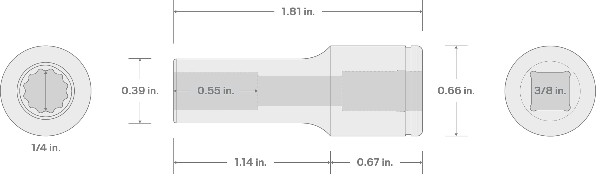 Specs for 3/8 Inch Drive x 1/4 Inch Semi-Deep 12-Point Socket