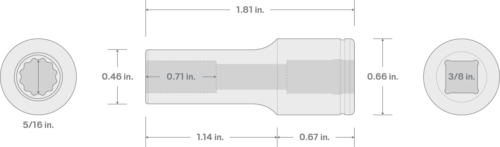 Specs for 3/8 Inch Drive x 5/16 Inch Semi-Deep 12-Point Socket