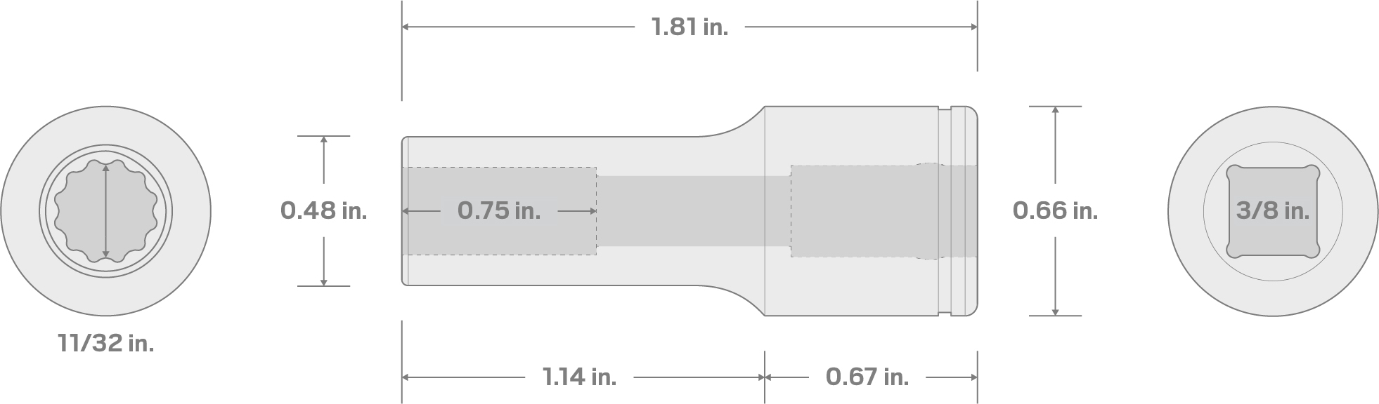 Specs for 3/8 Inch Drive x 11/32 Inch Semi-Deep 12-Point Socket
