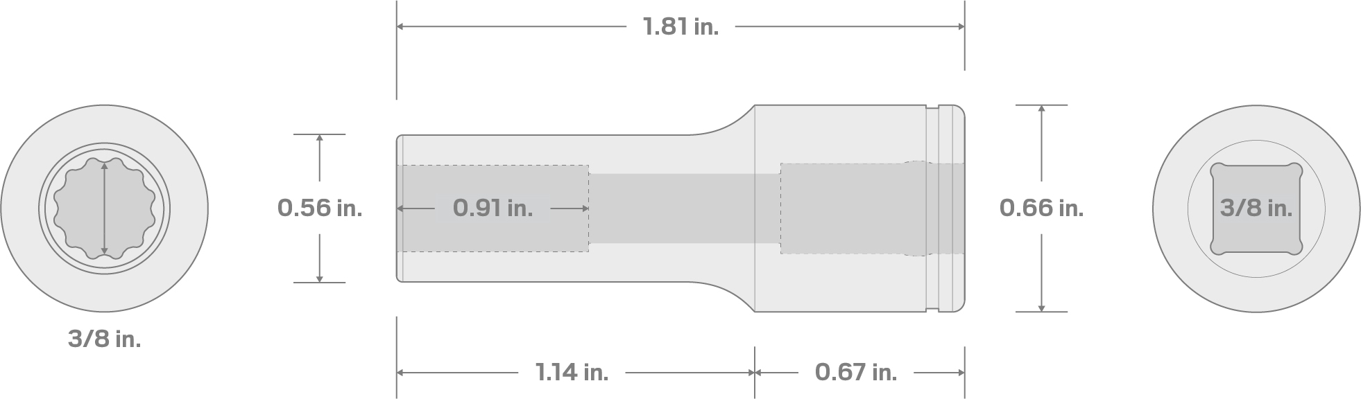 Specs for 3/8 Inch Drive x 3/8 Inch Semi-Deep 12-Point Socket