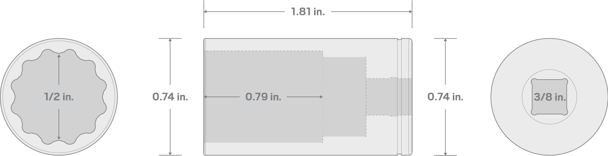 Specs for 3/8 Inch Drive x 1/2 Inch Semi-Deep 12-Point Socket