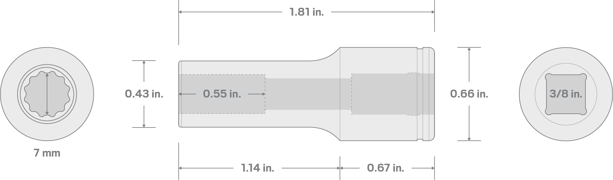 Specs for 3/8 Inch Drive x 7 mm Semi-Deep 12-Point Socket