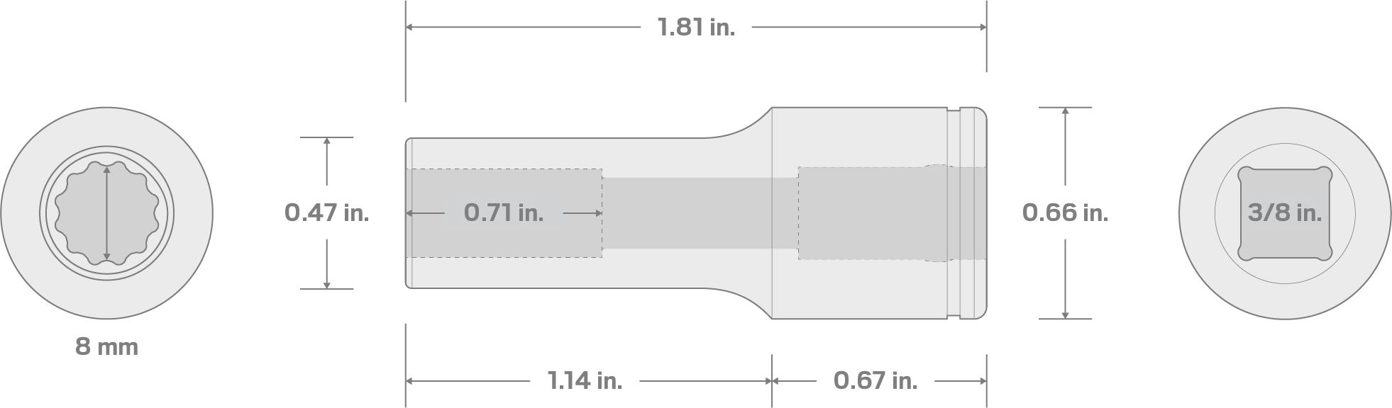 Specs for 3/8 Inch Drive x 8 mm Semi-Deep 12-Point Socket