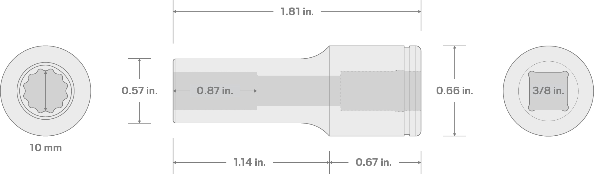Specs for 3/8 Inch Drive x 10 mm Semi-Deep 12-Point Socket