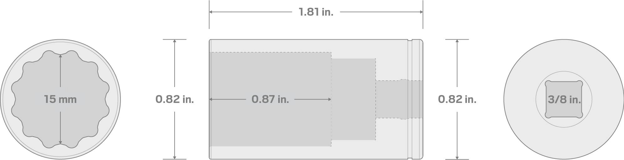 Specs for 3/8 Inch Drive x 15 mm Semi-Deep 12-Point Socket