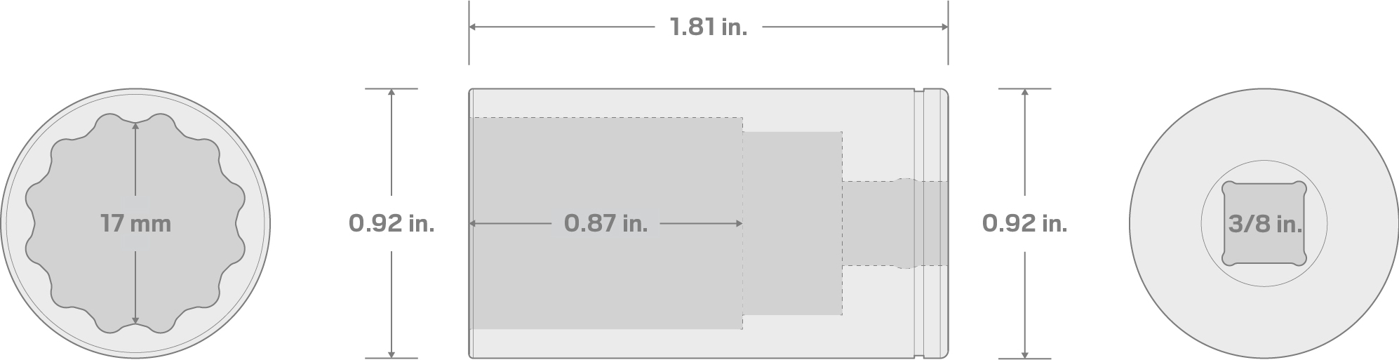 Specs for 3/8 Inch Drive x 17 mm Semi-Deep 12-Point Socket