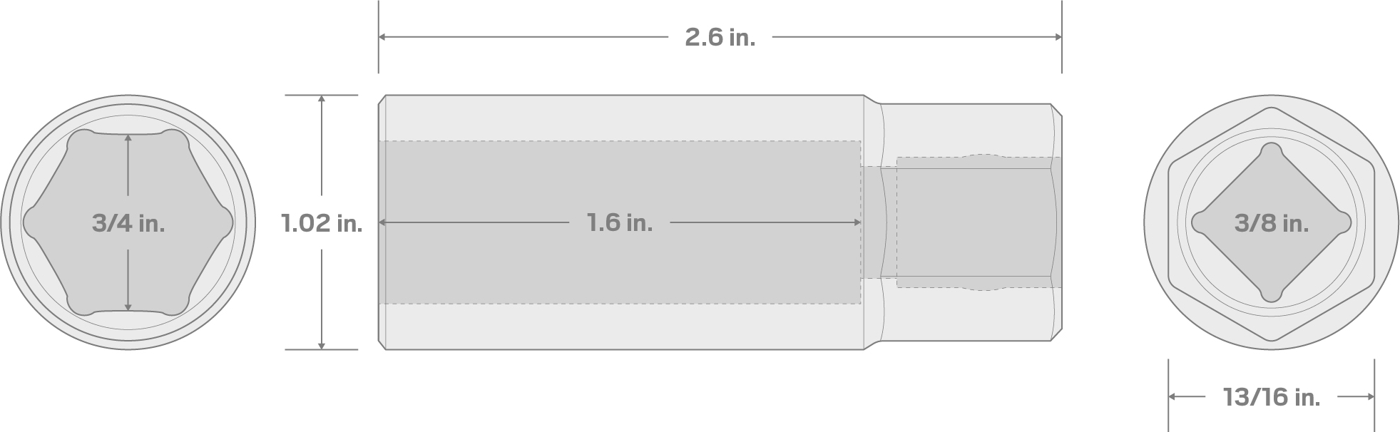 Specs for 3/8 Inch Drive x 3/4 Inch Spark Plug Socket