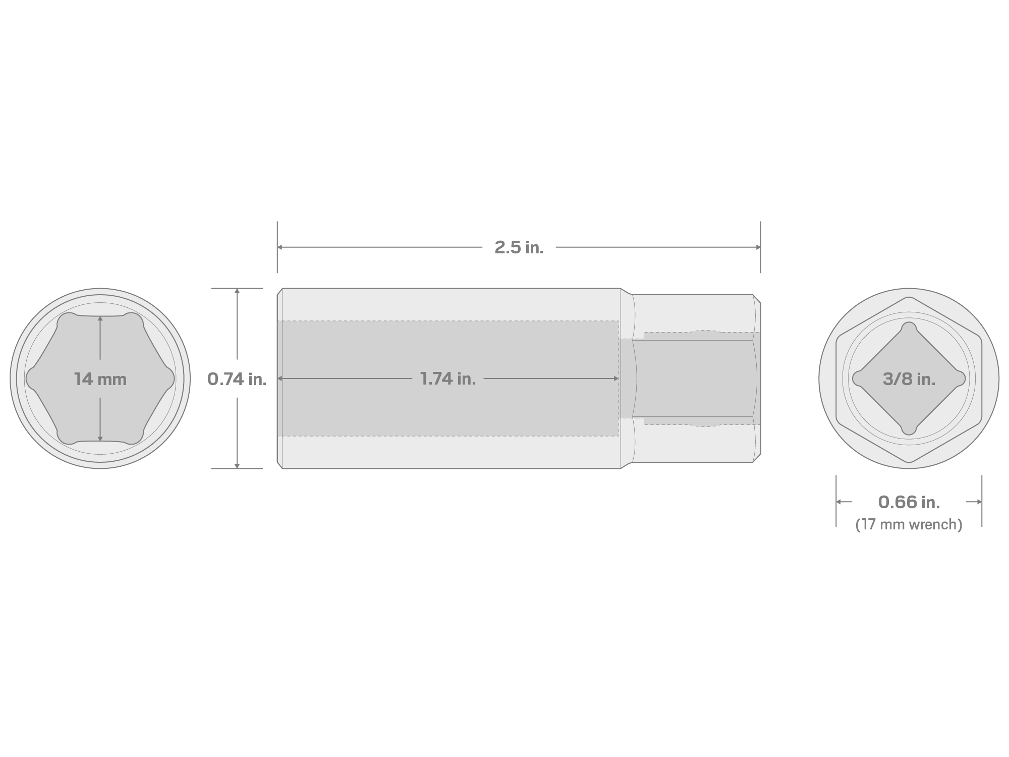 Specs for 3/8 Inch Drive x 14 mm Spark Plug Socket