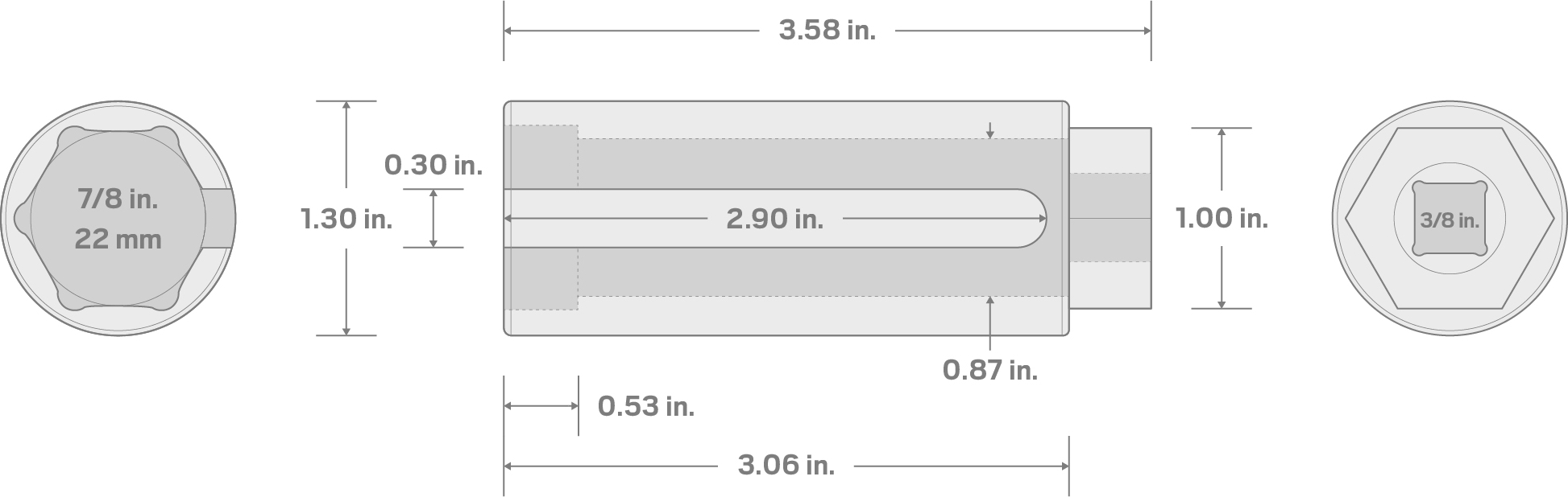 Specs for 3/8 Inch Drive x 7/8 Inch 6-Point Oxygen Sensor Socket