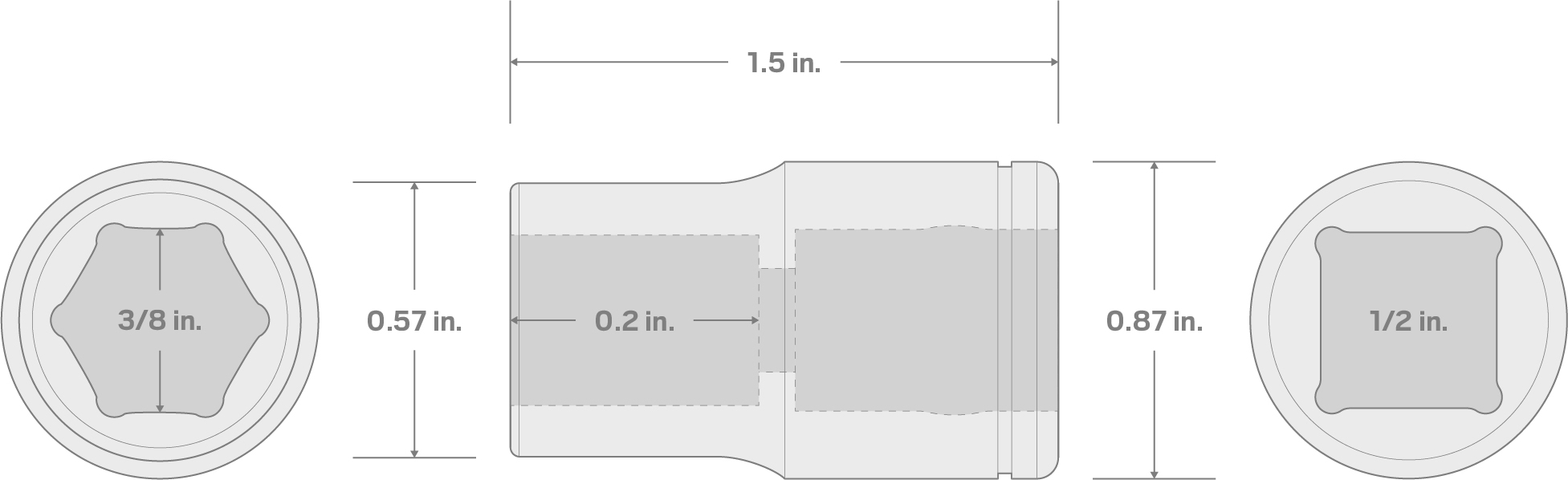 Specs for 1/2 Inch Drive x 3/8 Inch 6-Point Socket