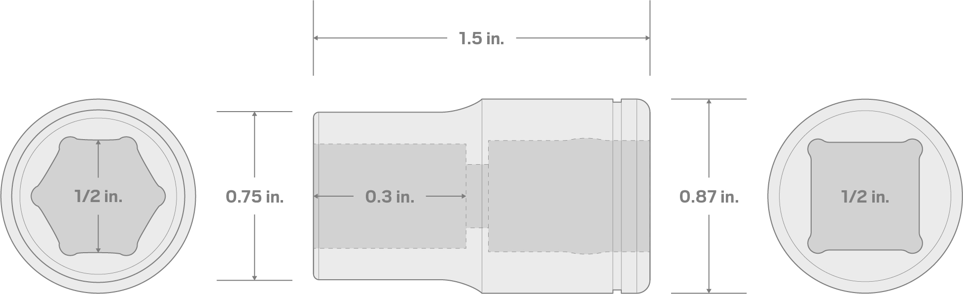 Specs for 1/2 Inch Drive x 1/2 Inch 6-Point Socket